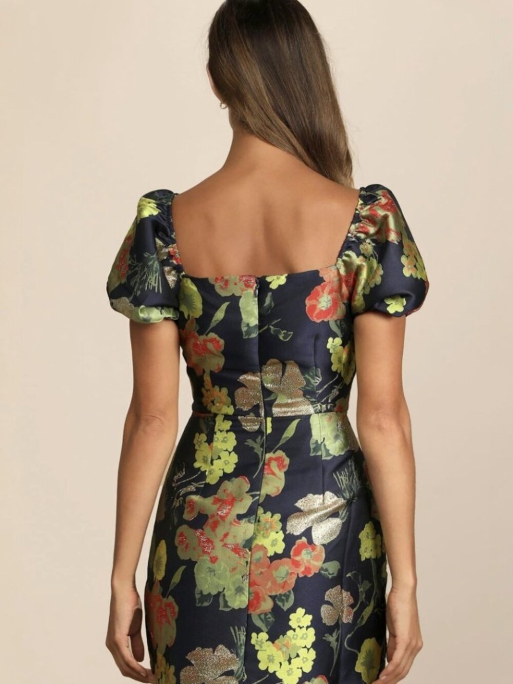 Lulus So Stunning Navy Blue Floral Jacquard Puff Sleeve Mini Dress NWT - Picture 12 of 16